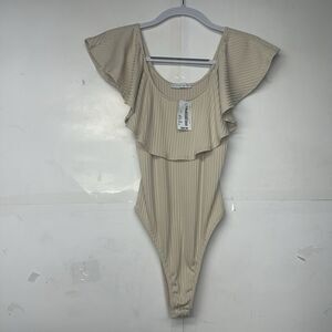 A Love Like You Womens Medium Beige Ribbed Bodysuit Flutter Sleeve Scoop  NWT